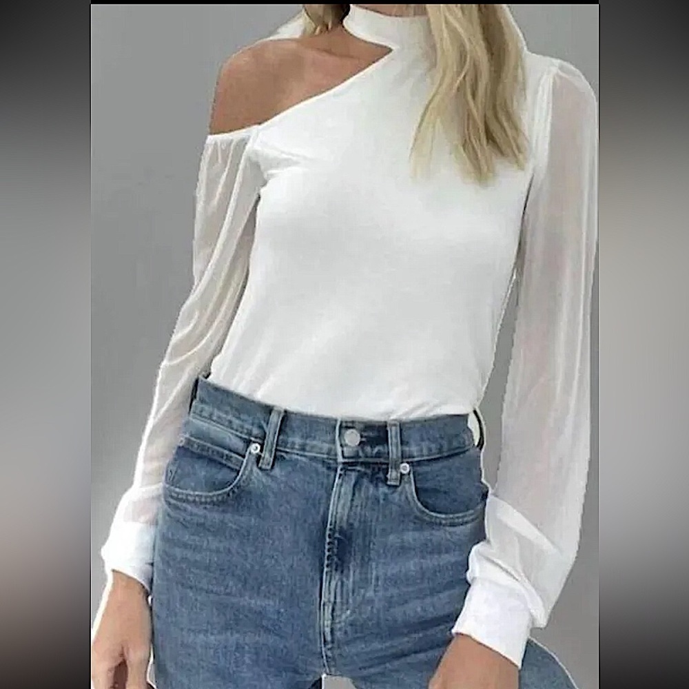 New Six Fifty Arianna Mesh Sleeve Cut Out Long Sleeve Top Blouse in White